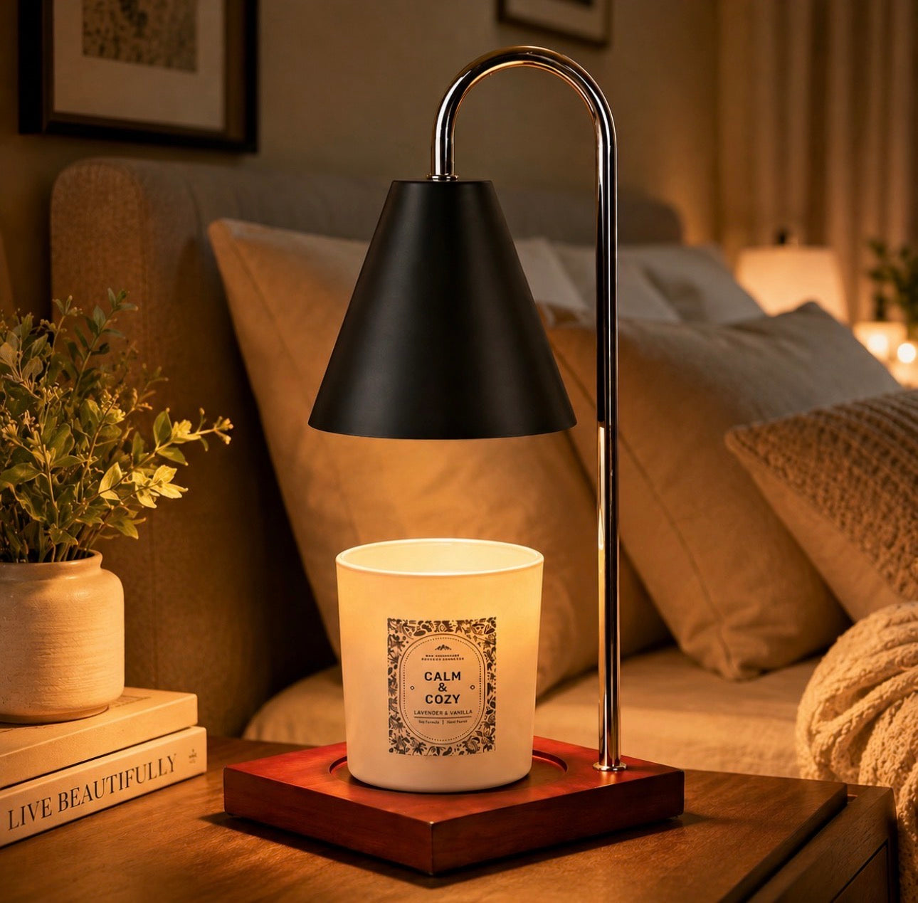 Cozy candle warmer with soy candle in a cozy bedroom 