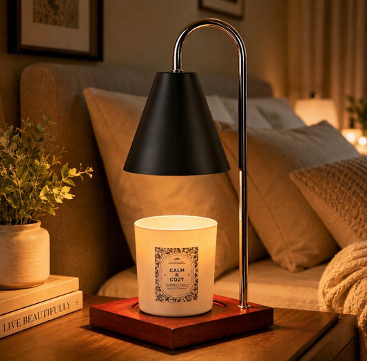 Cozy candle warmer with soy candle in a cozy bedroom 