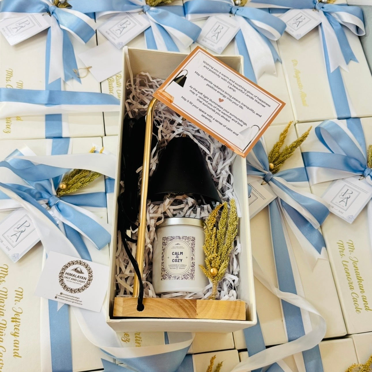 Bulk Gift of Candle Warmer with Soy Candle in an elegant gift box with blue ribbon